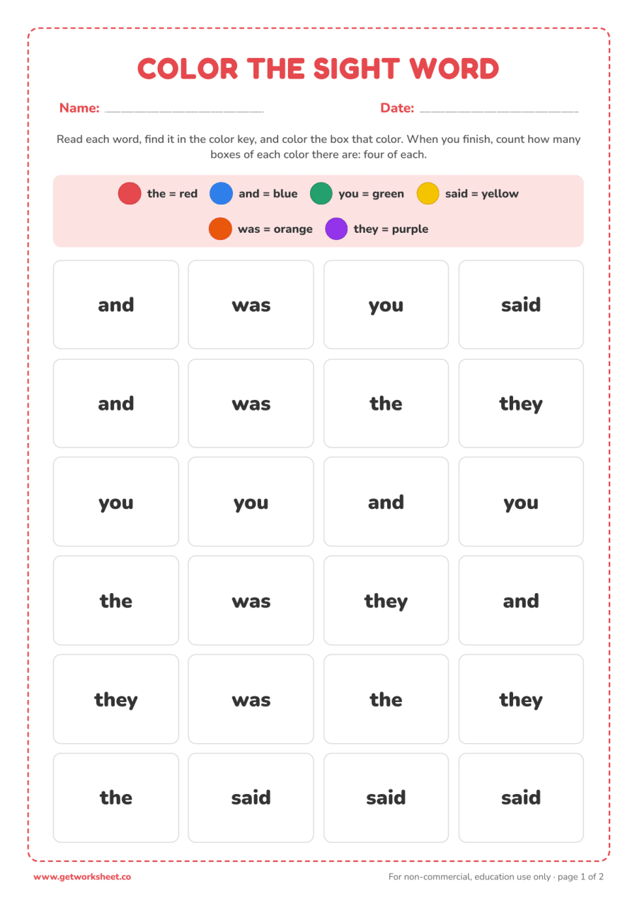 Color the sight word – free printable PDF worksheet, page 1 preview (8 free sight words worksheets (Dolch and Fry))