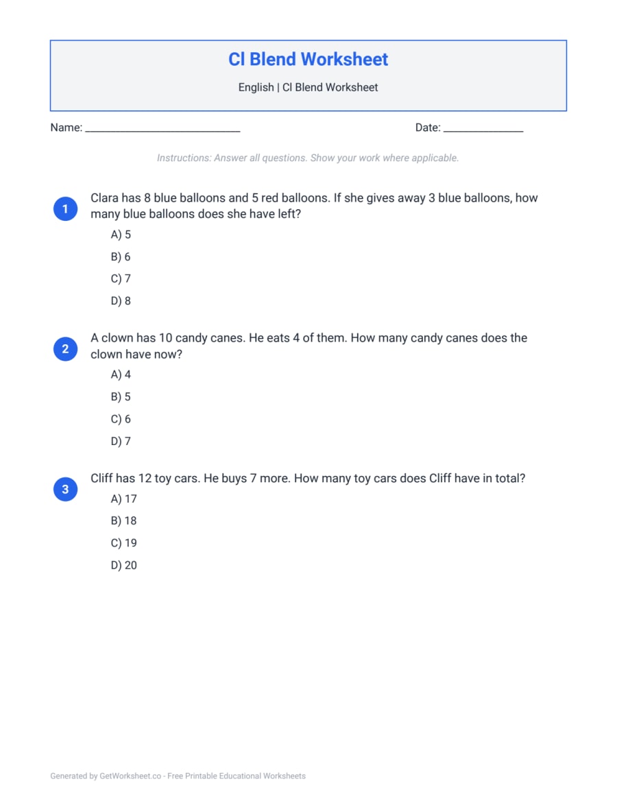 Cl Blend Worksheet – free printable PDF worksheet, page 1 preview (Cl Blend Worksheets)