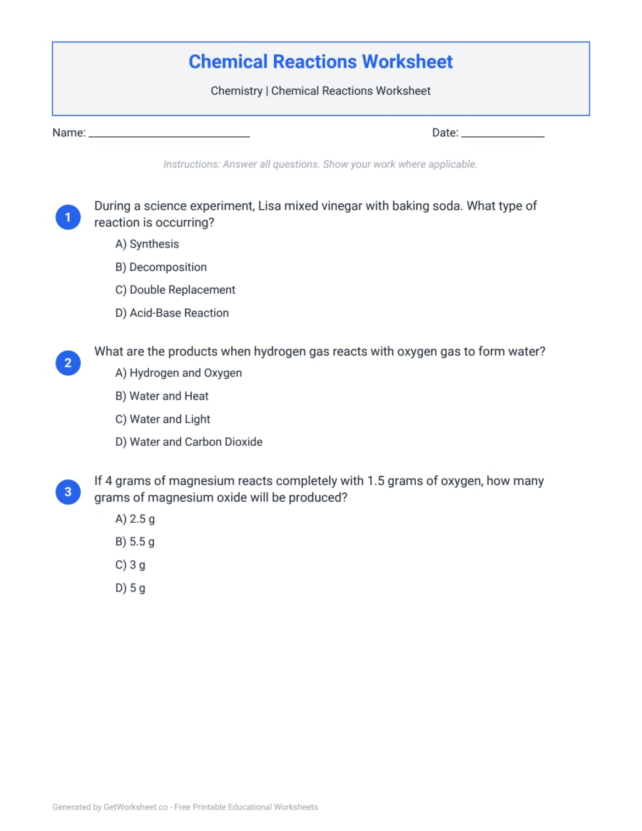 Chemical Reactions Worksheet – free printable PDF worksheet, page 1 preview (Chemical Reactions Worksheets)