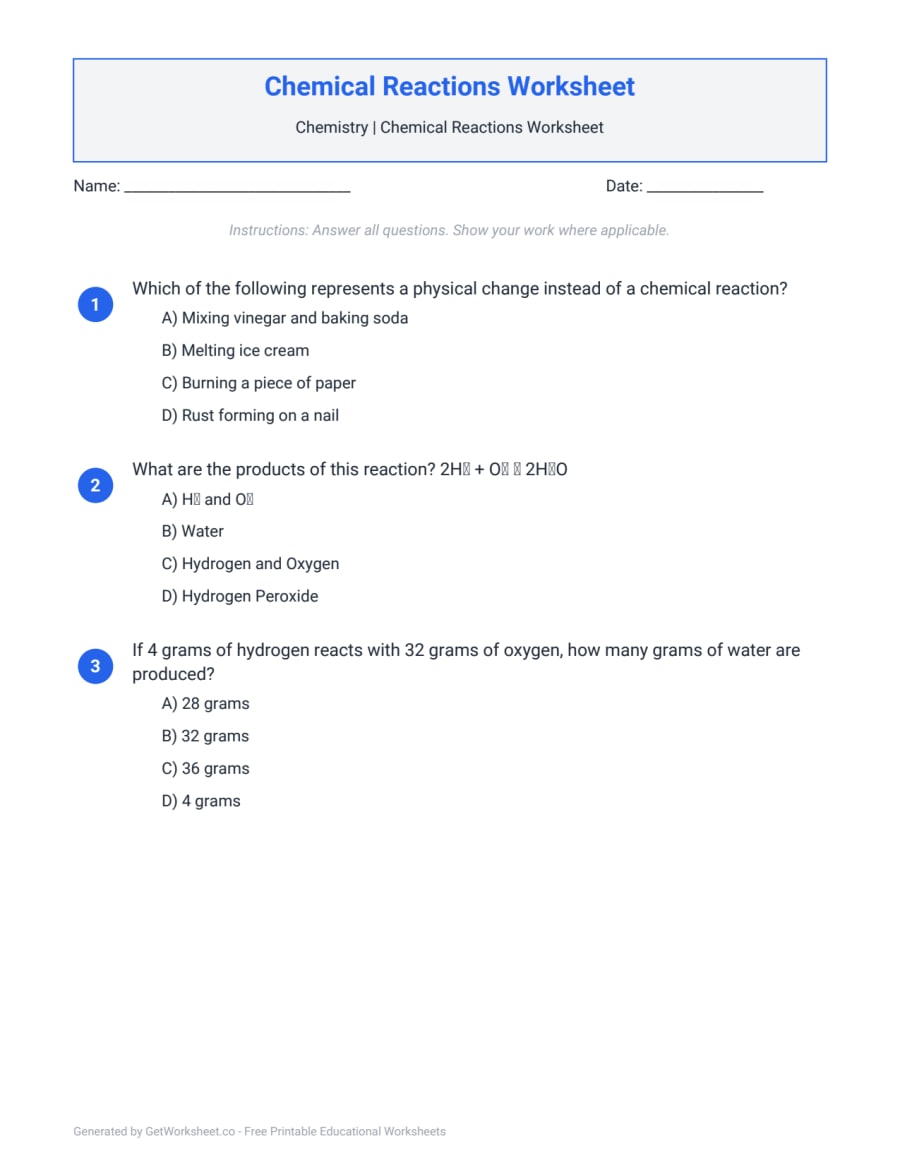 Chemical Reactions Worksheet – free printable PDF worksheet, page 1 preview (Chemical Reactions Worksheets)