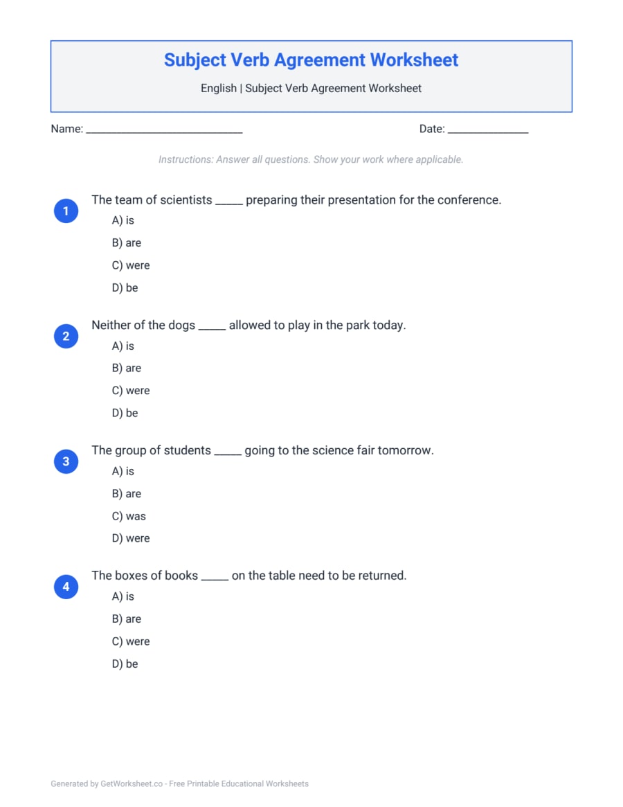 Subject Verb Agreement Worksheet – free printable PDF worksheet, page 1 preview (Subject Verb Agreement Worksheets)