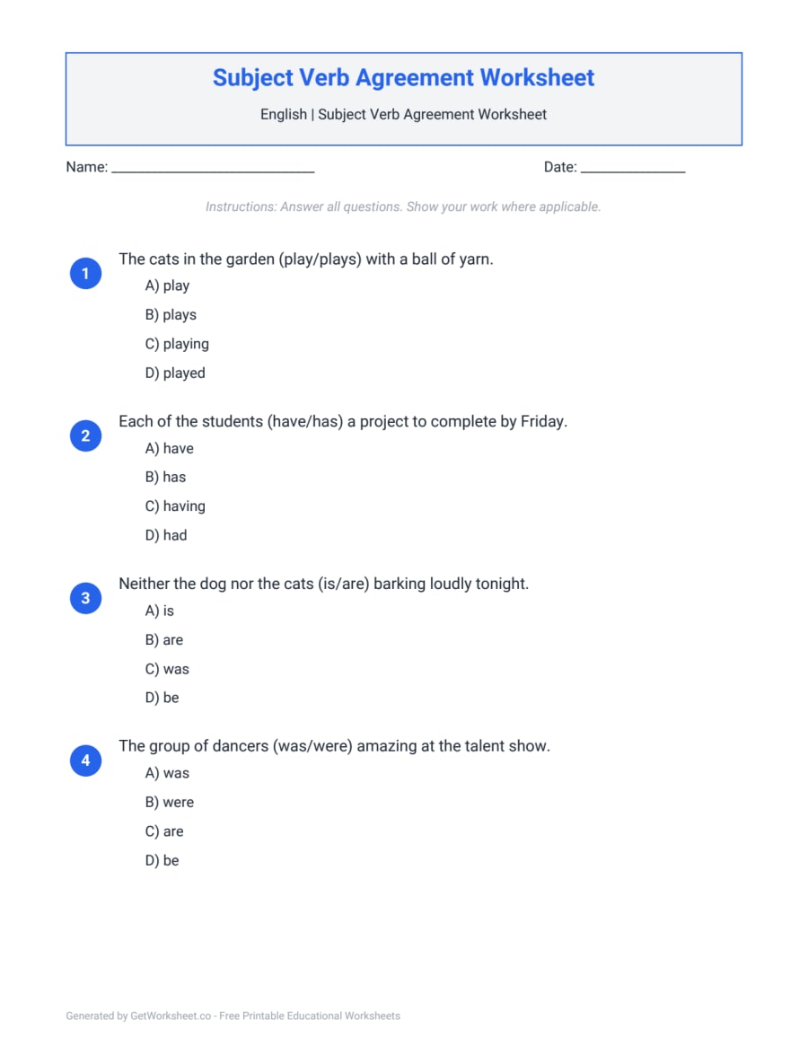 Subject Verb Agreement Worksheet – free printable PDF worksheet, page 1 preview (Subject Verb Agreement Worksheets)