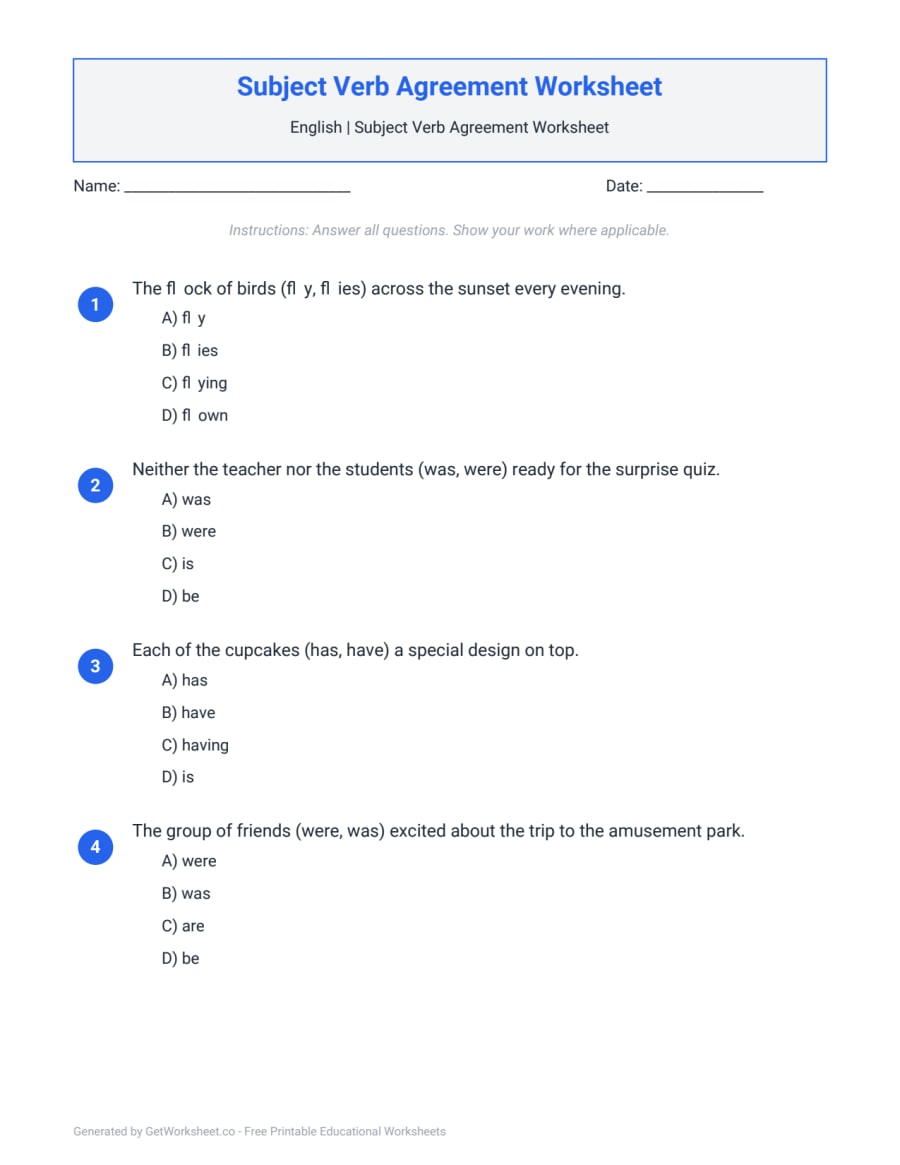 Subject Verb Agreement Worksheet – free printable PDF worksheet, page 1 preview (Subject Verb Agreement Worksheets)