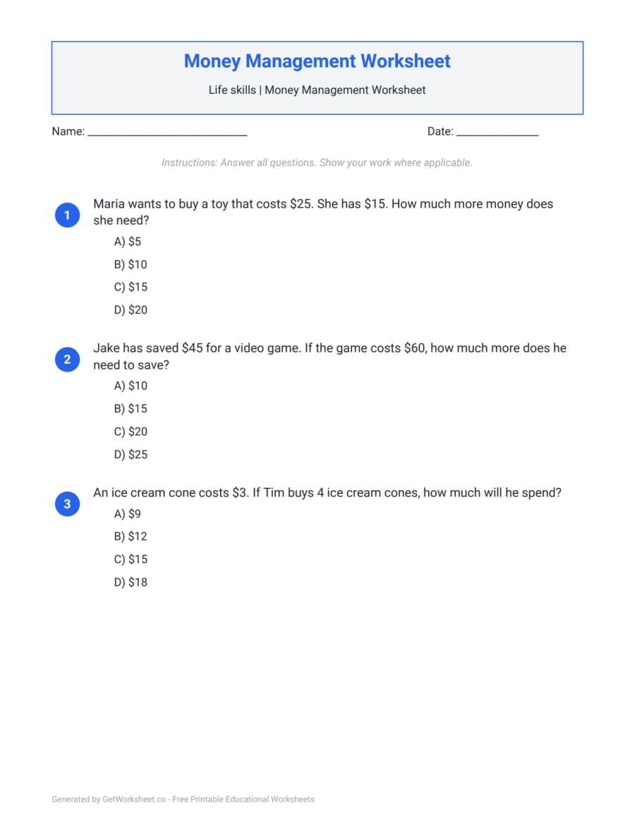 Money Management Worksheet – free printable PDF worksheet, page 1 preview (Money Management Worksheets)