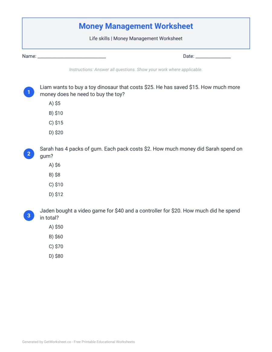 Money Management Worksheet – free printable PDF worksheet, page 1 preview (Money Management Worksheets)