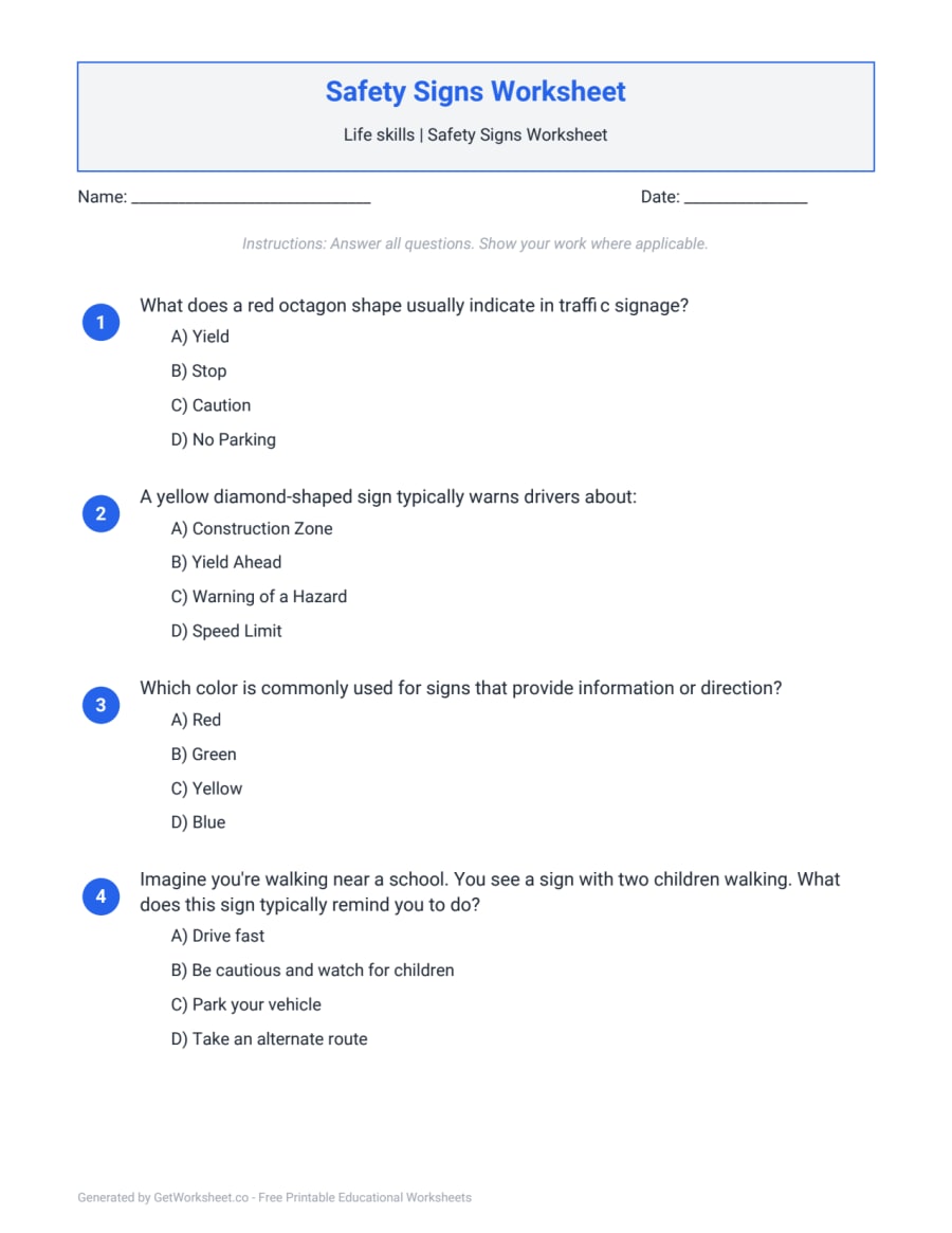 Safety Signs Worksheet – free printable PDF worksheet, page 1 preview (Safety Signs Worksheets)