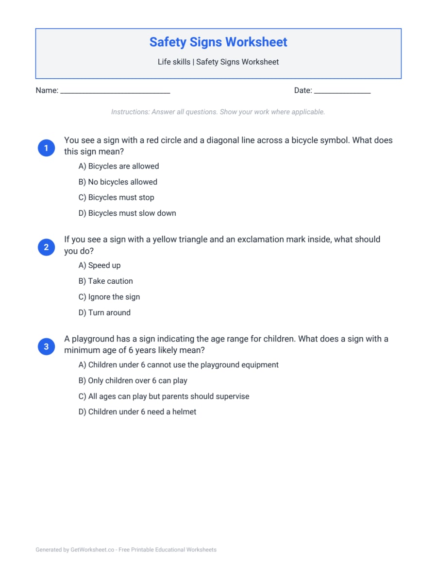Safety Signs Worksheet – free printable PDF worksheet, page 1 preview (Safety Signs Worksheets)