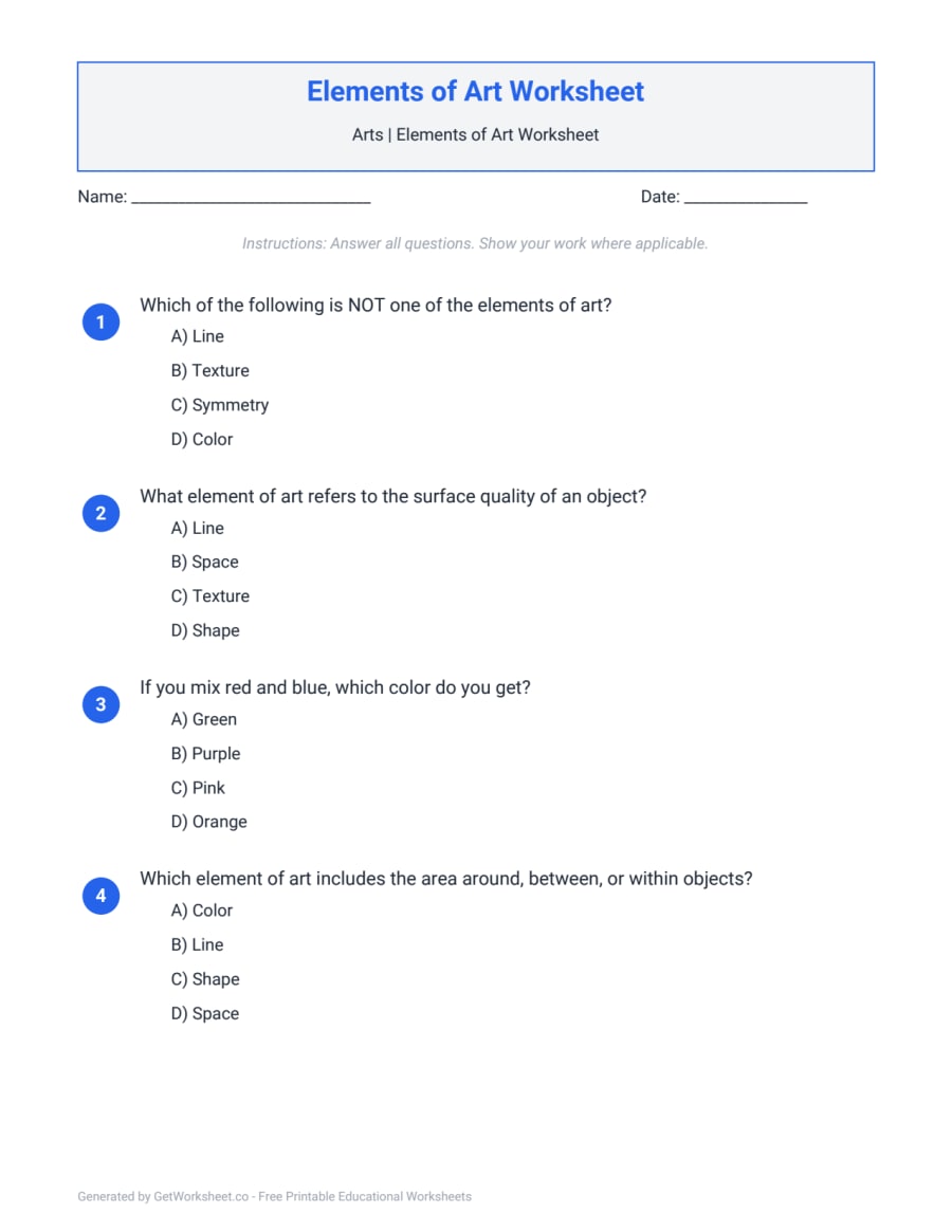 Elements of Art Worksheet Elements of Art Worksheet – free printable PDF worksheet, page 1 preview (Elements of Art Worksheets)