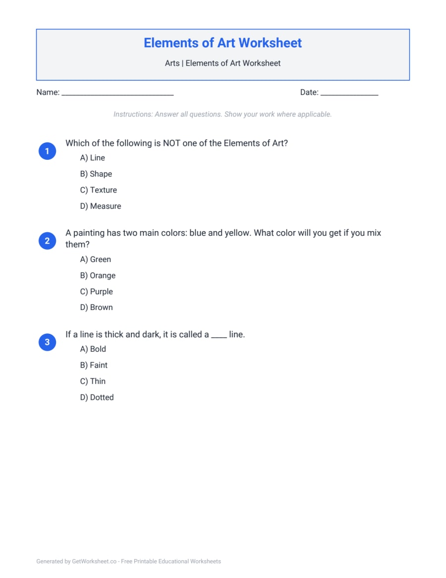 Elements of Art Worksheet Elements of Art Worksheet – free printable PDF worksheet, page 1 preview (Elements of Art Worksheets)