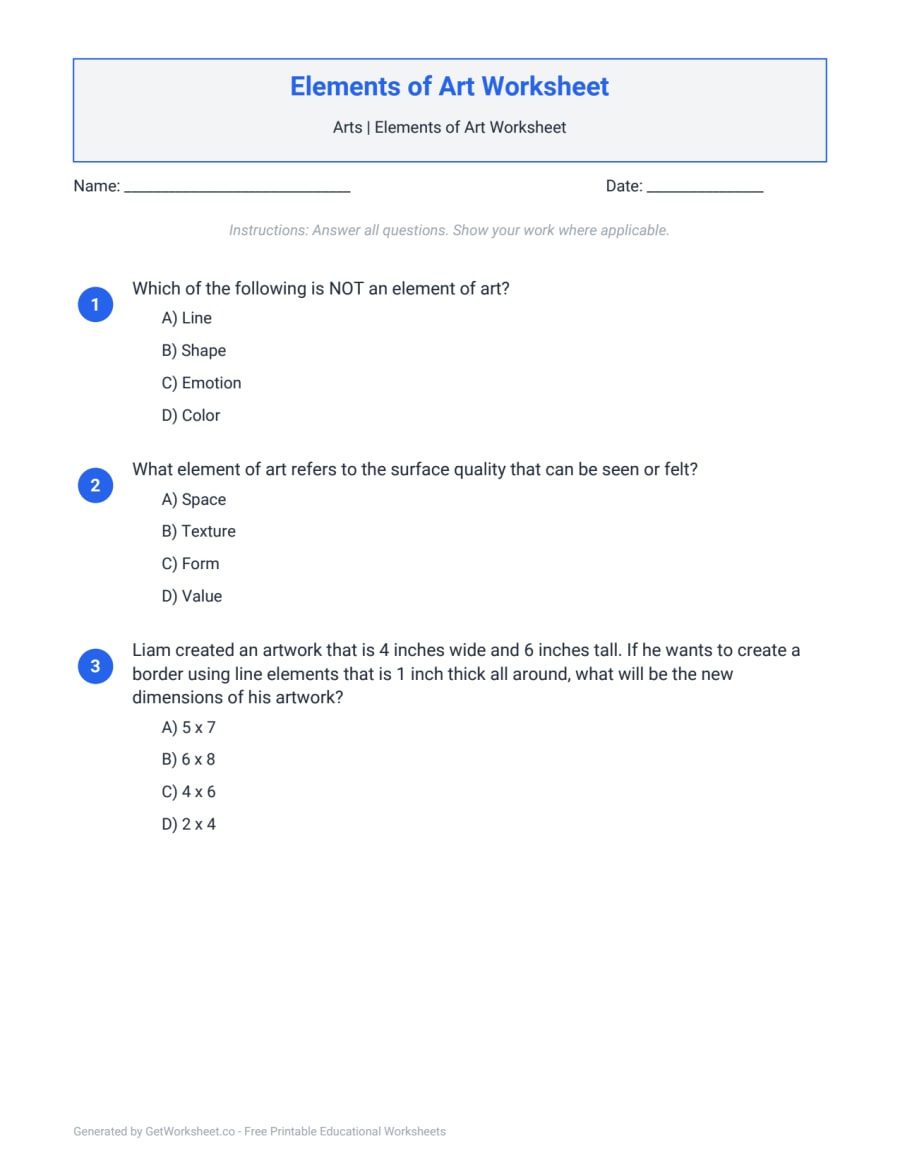 Elements of Art Worksheet Elements of Art Worksheet – free printable PDF worksheet, page 1 preview (Elements of Art Worksheets)