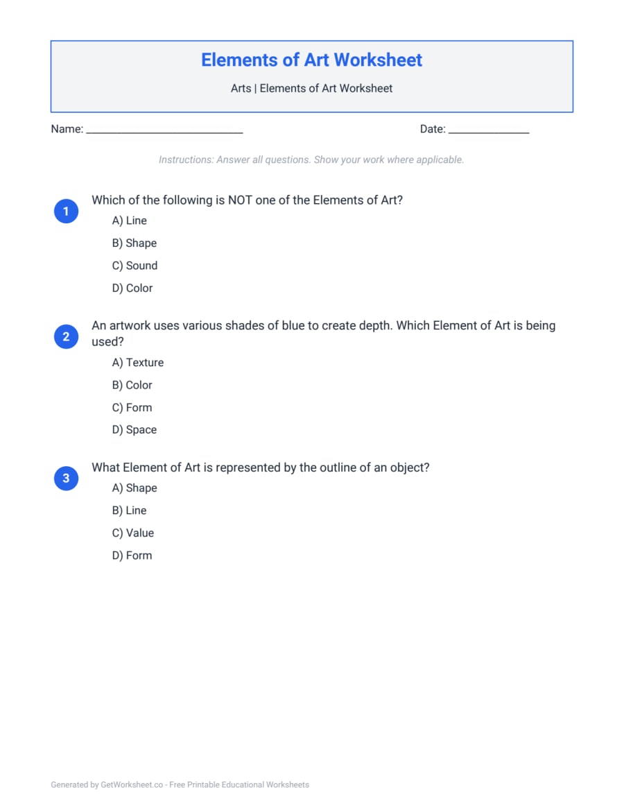 Elements of Art Worksheet Elements of Art Worksheet – free printable PDF worksheet, page 1 preview (Elements of Art Worksheets)