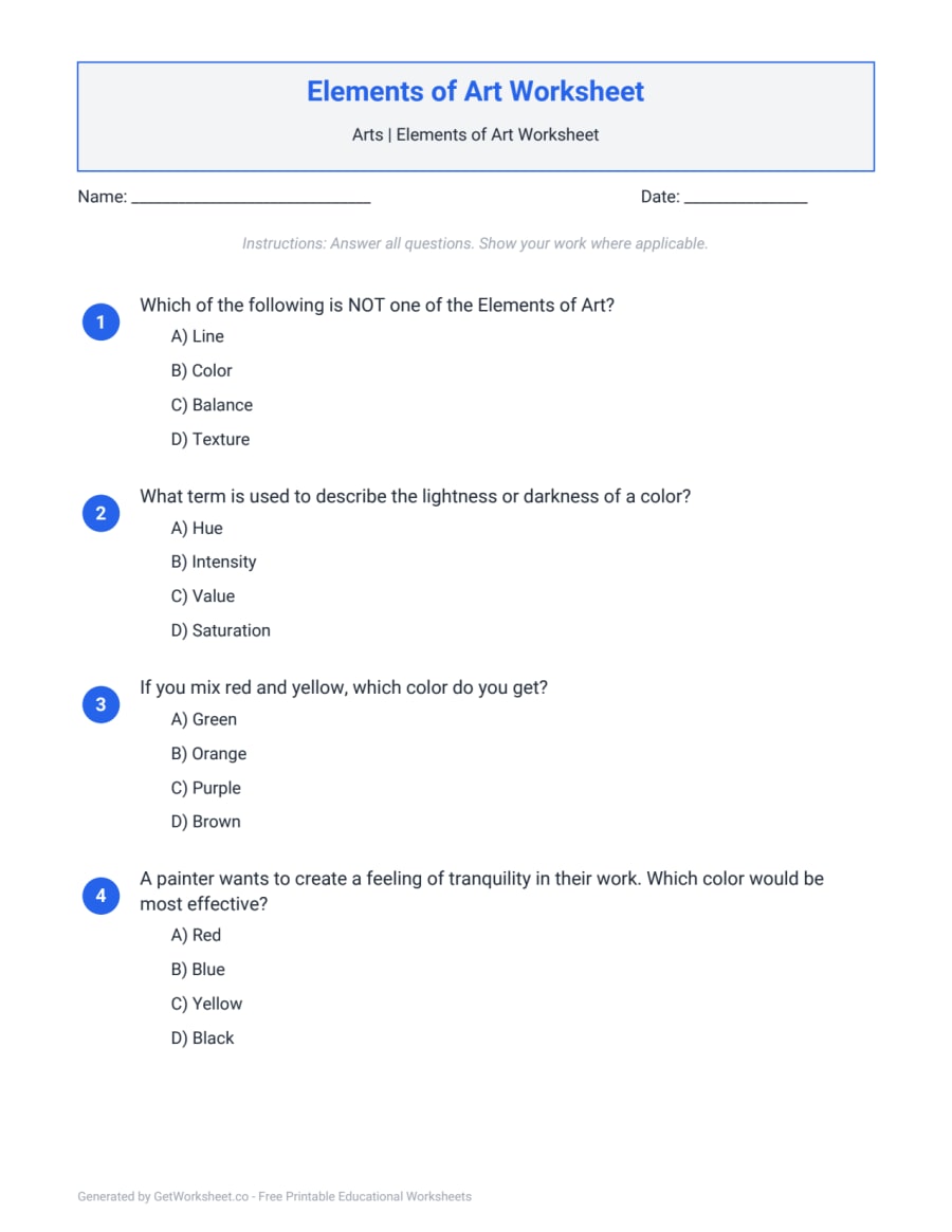 Elements of Art Worksheet Elements of Art Worksheet – free printable PDF worksheet, page 1 preview (Elements of Art Worksheets)