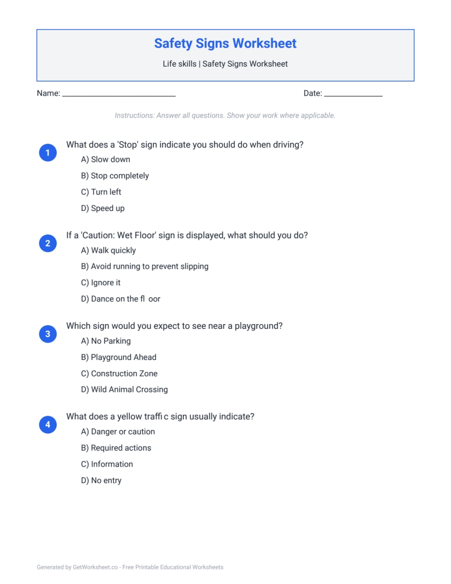 Safety Signs Worksheet – free printable PDF worksheet, page 1 preview (Safety Signs Worksheets)