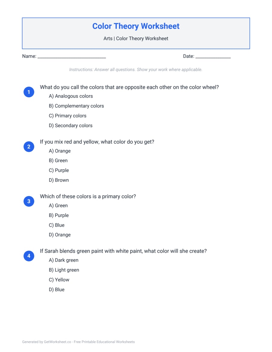Color Theory Worksheet – free printable PDF worksheet, page 1 preview (Color Theory Worksheets)