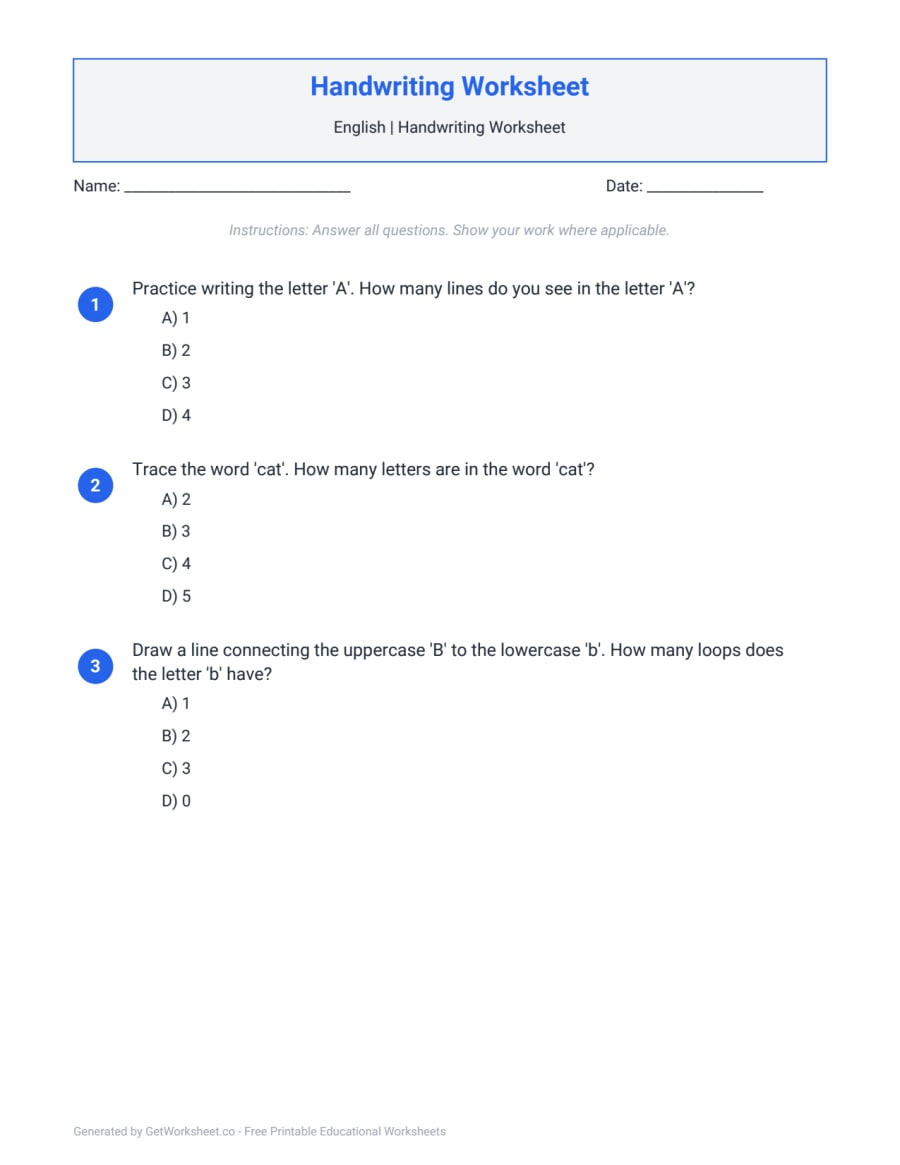 Handwriting Worksheet – free printable PDF worksheet, page 1 preview (Handwriting Worksheets)