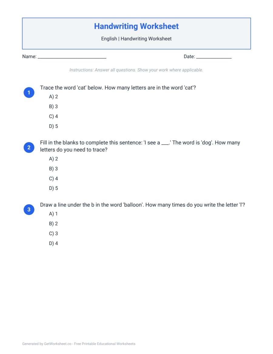 Handwriting Worksheet – free printable PDF worksheet, page 1 preview (Handwriting Worksheets)