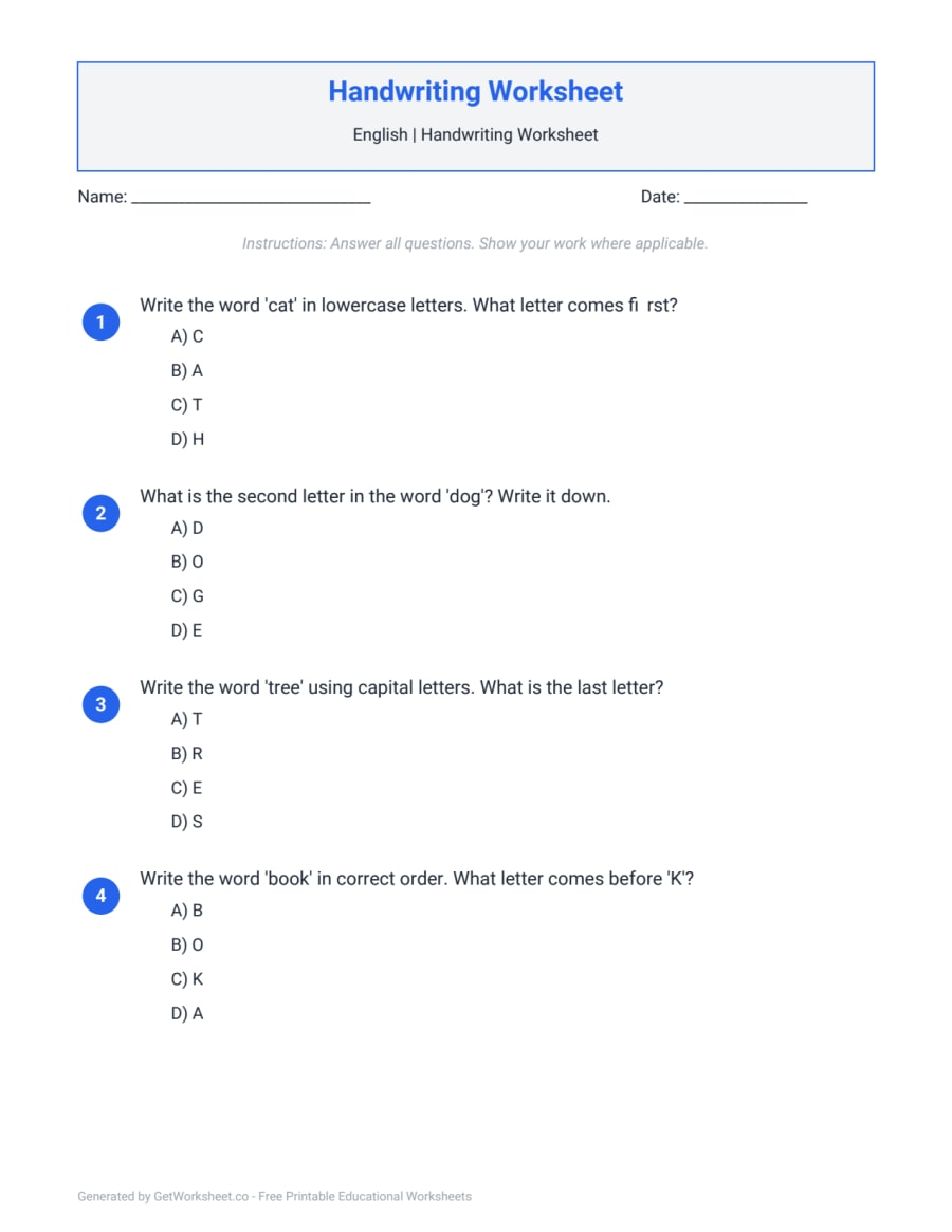 Handwriting Worksheet – free printable PDF worksheet, page 1 preview (Handwriting Worksheets)