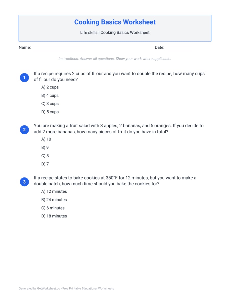 Cooking Basics Worksheet – free printable PDF worksheet, page 1 preview (Cooking Basics Worksheets)