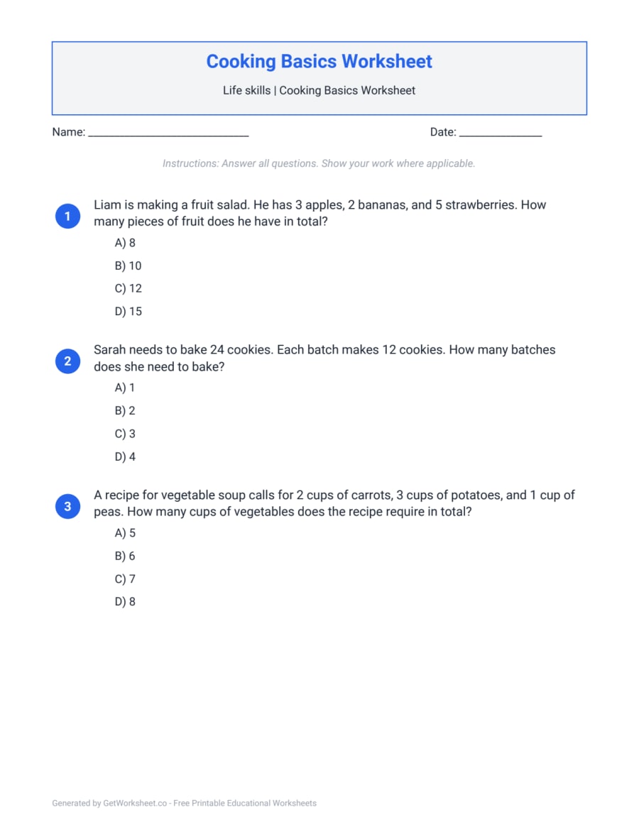 Cooking Basics Worksheet – free printable PDF worksheet, page 1 preview (Cooking Basics Worksheets)