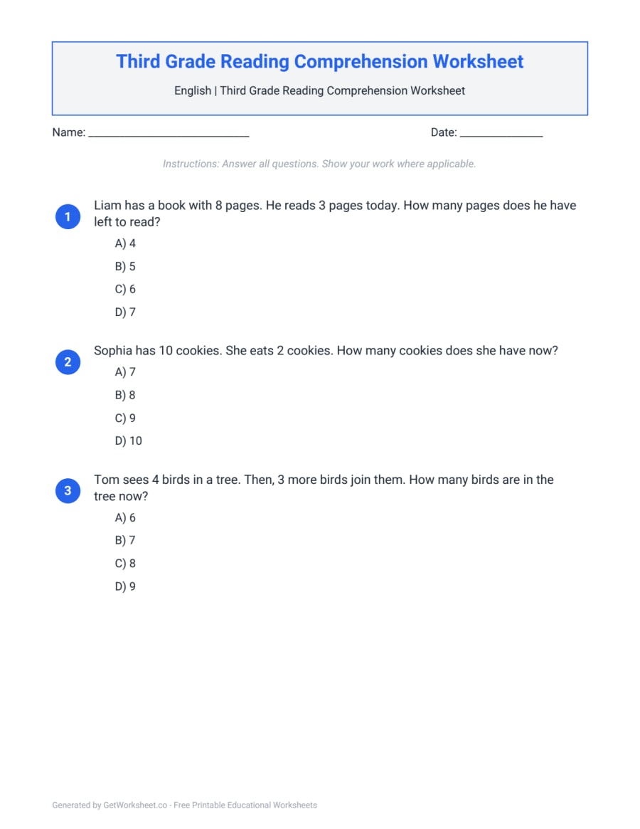 Third Grade Reading Comprehension Worksheet – free printable PDF worksheet, page 1 preview (Third Grade Reading Comprehension Worksheets)