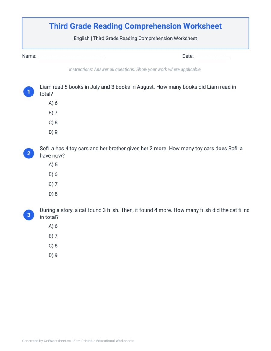 Third Grade Reading Comprehension Worksheet – free printable PDF worksheet, page 1 preview (Third Grade Reading Comprehension Worksheets)