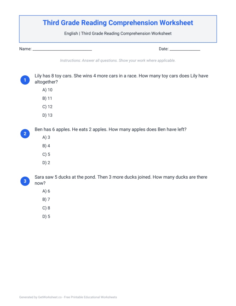 Third Grade Reading Comprehension Worksheet – free printable PDF worksheet, page 1 preview (Third Grade Reading Comprehension Worksheets)