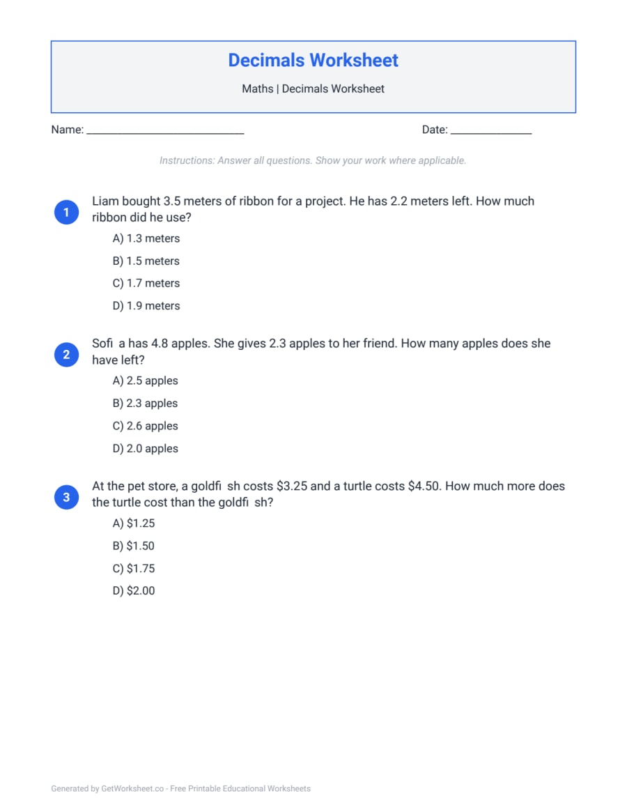 Decimals Worksheet – free printable PDF worksheet, page 1 preview (Decimals Worksheets)
