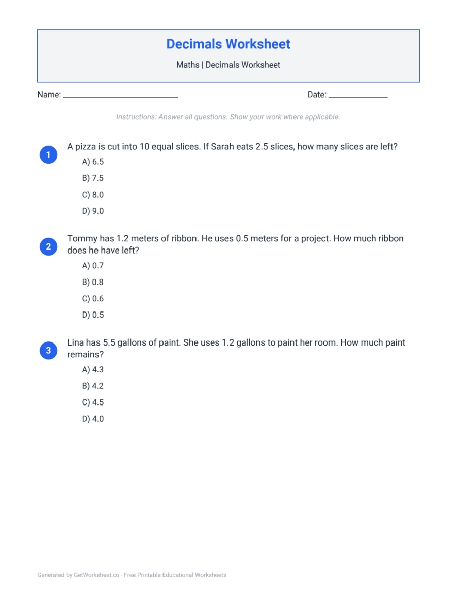 Decimals Worksheet – free printable PDF worksheet, page 1 preview (Decimals Worksheets)