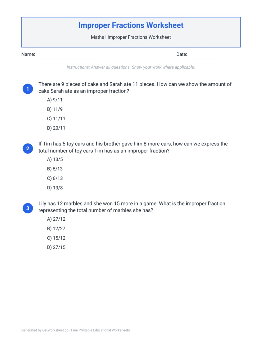 Improper Fractions Worksheet – free printable PDF worksheet, page 1 preview (Improper Fractions Worksheets)