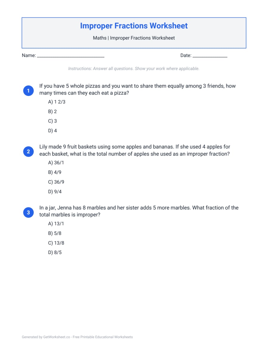 Improper Fractions Worksheet – free printable PDF worksheet, page 1 preview (Improper Fractions Worksheets)