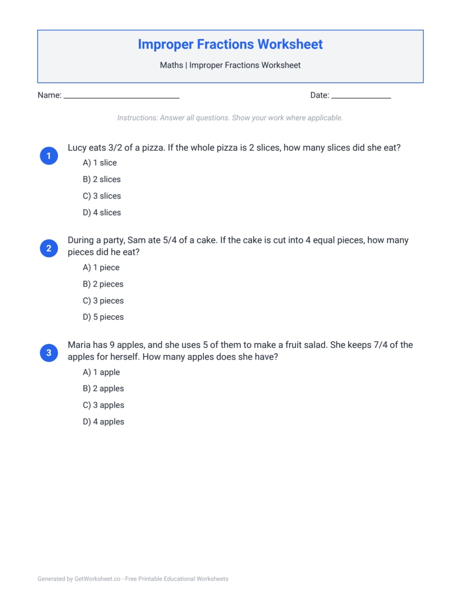 Improper Fractions Worksheet – free printable PDF worksheet, page 1 preview (Improper Fractions Worksheets)