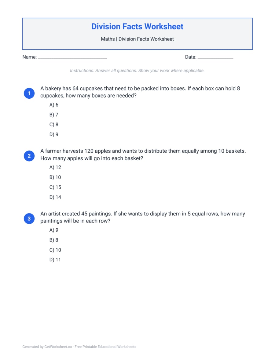 Division Facts Worksheet Division Facts Worksheet – free printable PDF worksheet, page 1 preview (Division Facts Worksheets)