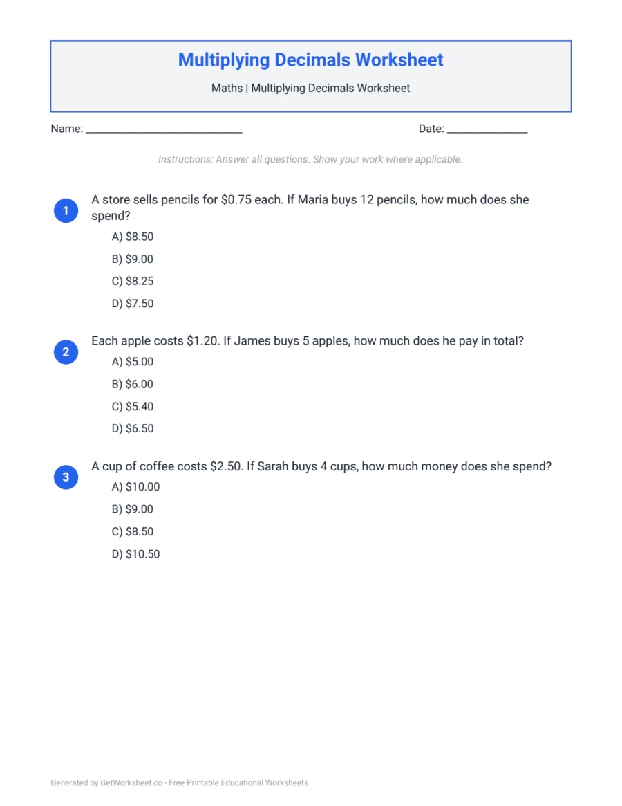 Multiplying Decimals Worksheet – free printable PDF worksheet, page 1 preview (Multiplying Decimals Worksheets)