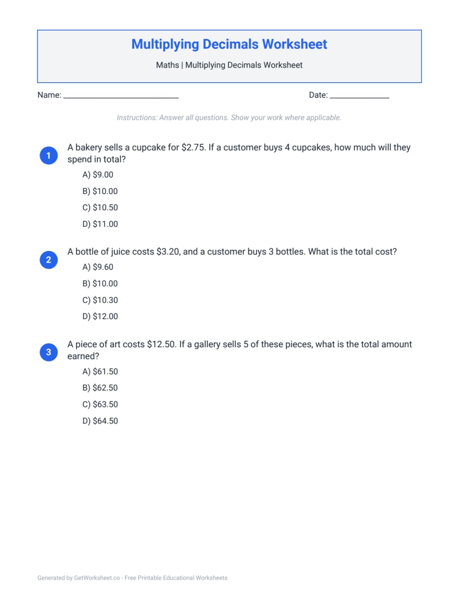 Multiplying Decimals Worksheet – free printable PDF worksheet, page 1 preview (Multiplying Decimals Worksheets)