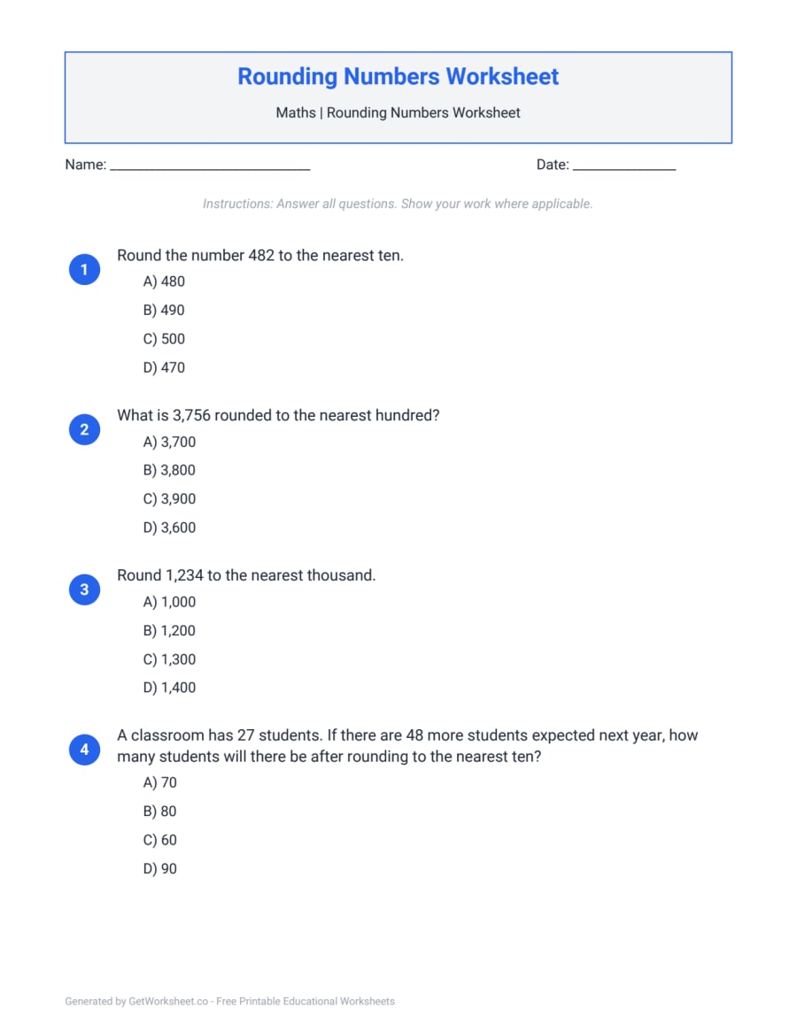 Rounding Numbers Worksheet – free printable PDF worksheet, page 1 preview (Rounding Numbers Worksheets)