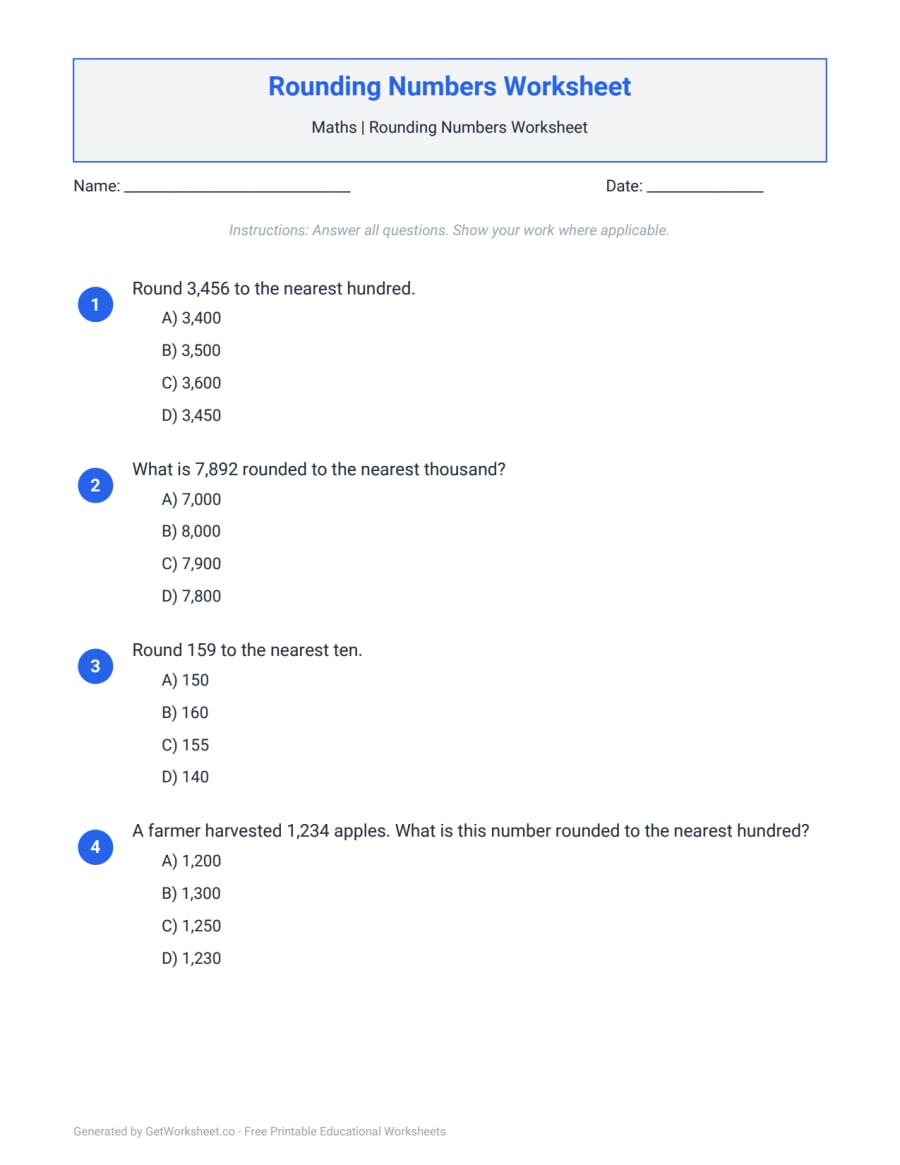 Rounding Numbers Worksheet – free printable PDF worksheet, page 1 preview (Rounding Numbers Worksheets)