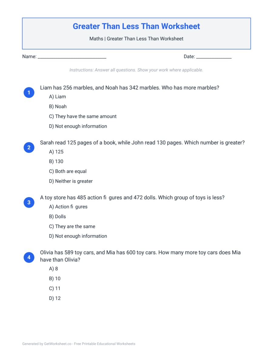 Greater Than Less Than Worksheet – free printable PDF worksheet, page 1 preview (Greater Than Less Than Worksheets)
