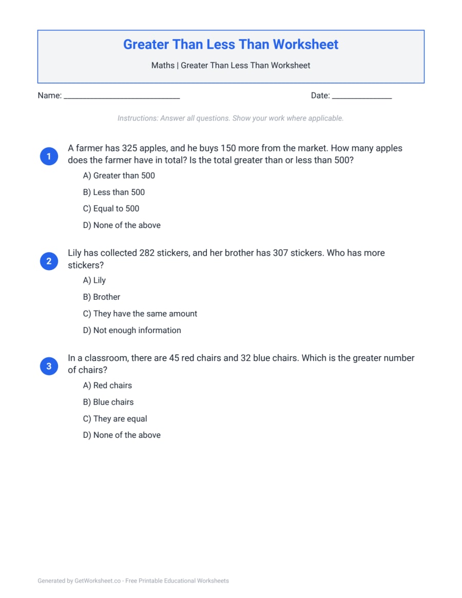Greater Than Less Than Worksheet – free printable PDF worksheet, page 1 preview (Greater Than Less Than Worksheets)