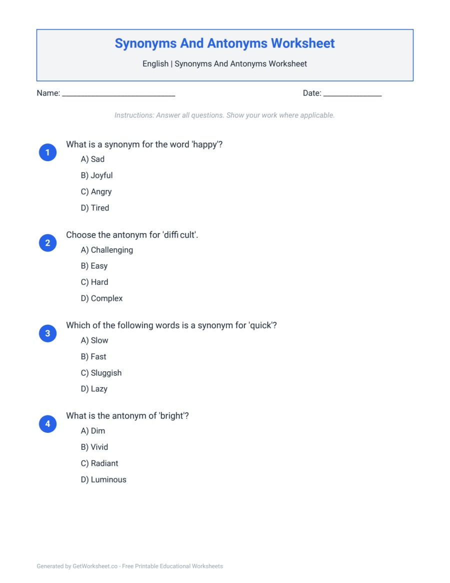 Synonyms And Antonyms Worksheet – free printable PDF worksheet, page 1 preview (Synonyms And Antonyms Worksheets)