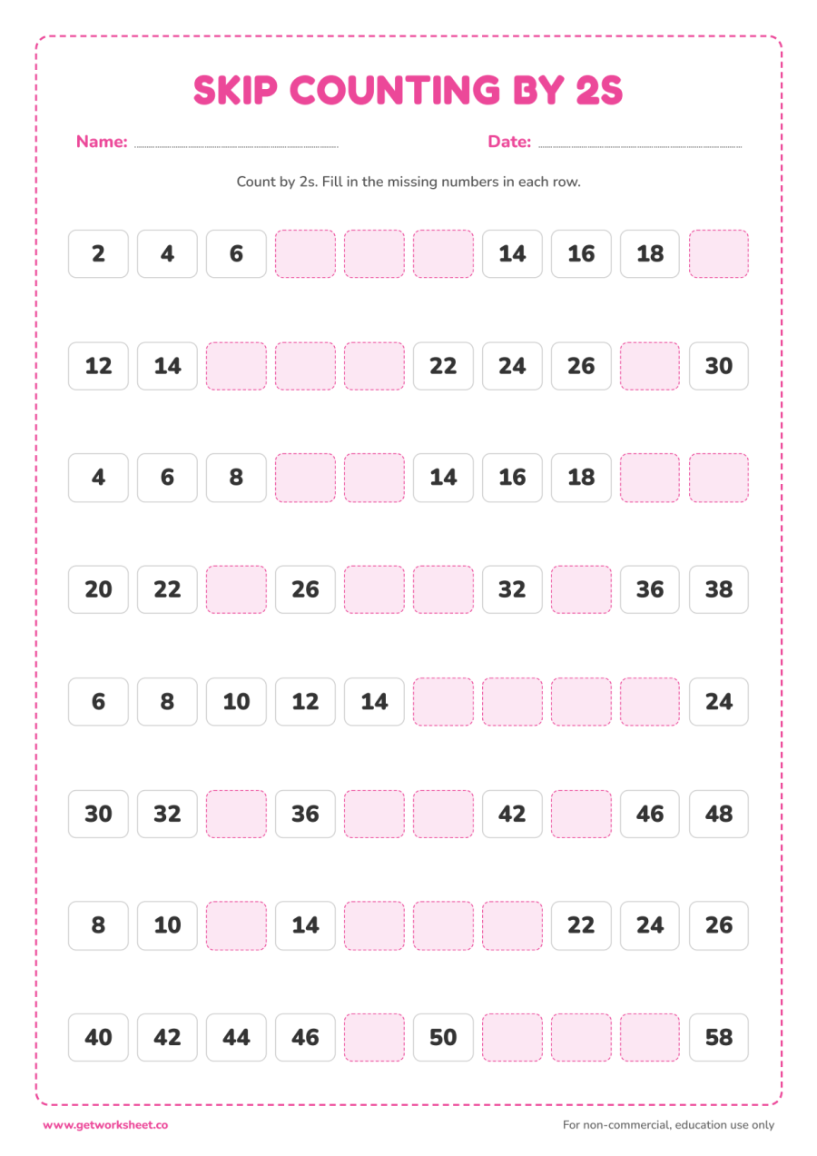 Skip counting by 2s worksheet – free printable PDF worksheet, page 1 preview (4 free skip counting worksheets)