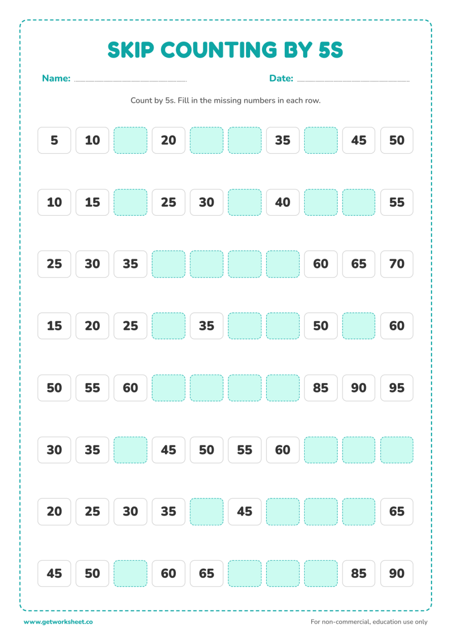 Skip counting by 5s worksheet – free printable PDF worksheet, page 1 preview (4 free skip counting worksheets)