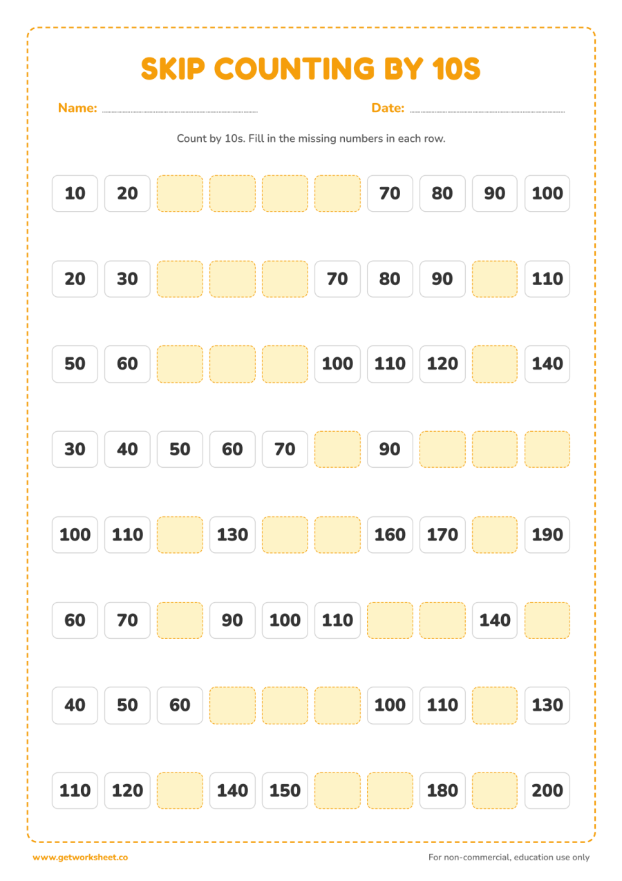 Skip counting by 10s worksheet – free printable PDF worksheet, page 1 preview (4 free skip counting worksheets)