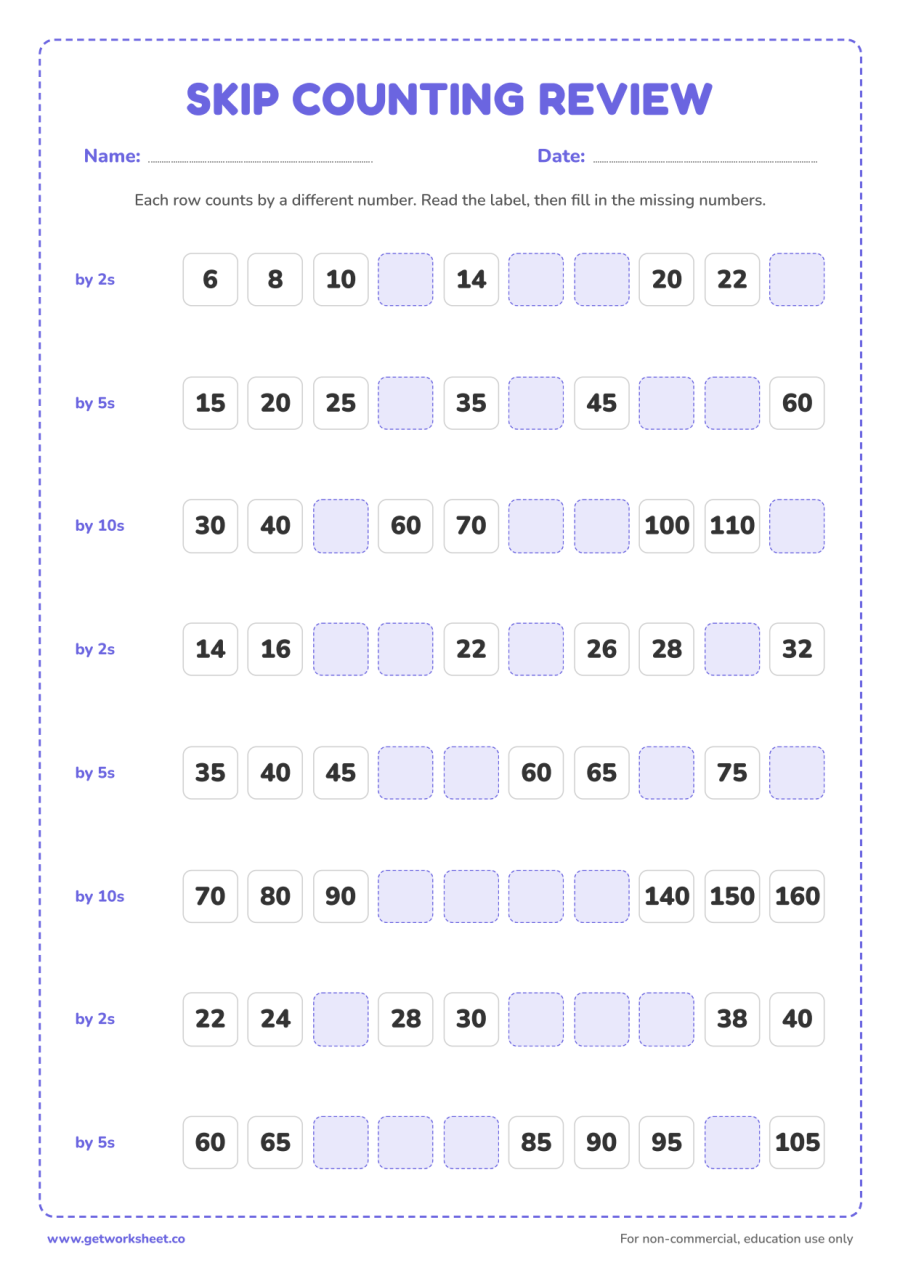 Skip counting review worksheet (2s, 5s and 10s) – free printable PDF worksheet, page 1 preview (4 free skip counting worksheets)
