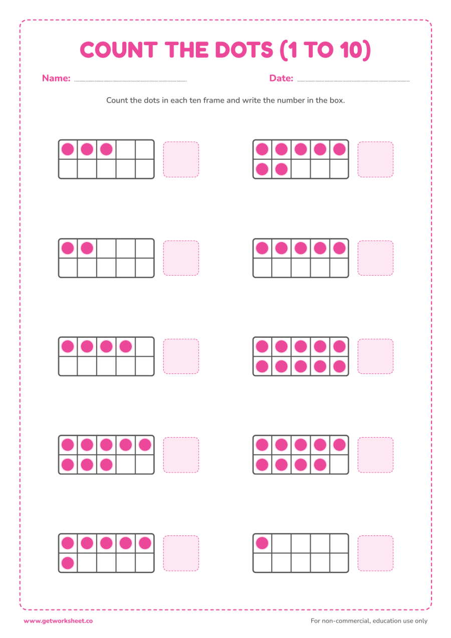 Ten frame worksheet: count the dots 1 to 10 Ten frame worksheet: count the dots 1 to 10 – free printable PDF worksheet, page 1 preview (4 free ten frame worksheets)