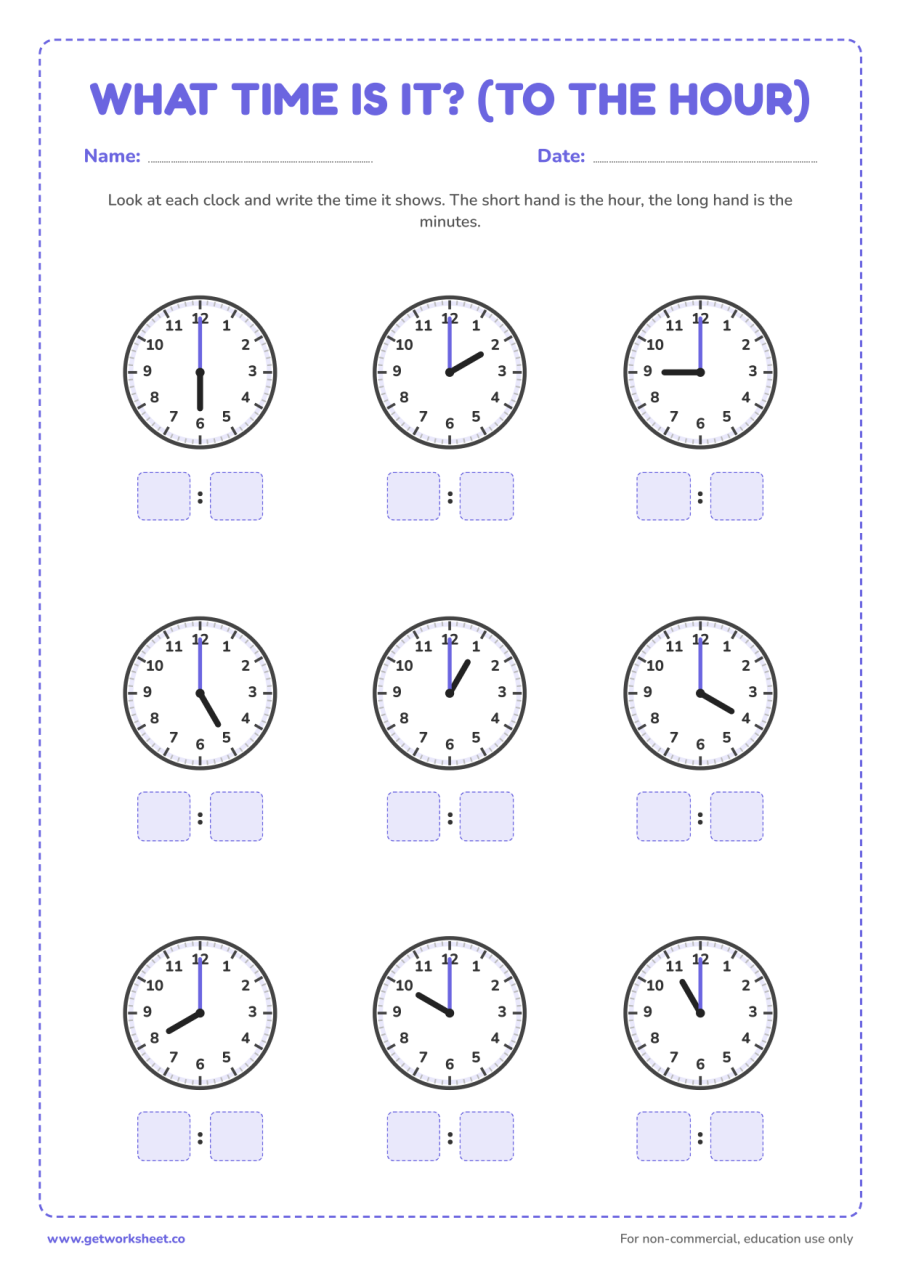 Telling time to the hour – free printable PDF worksheet, page 1 preview (4 free telling time worksheets)