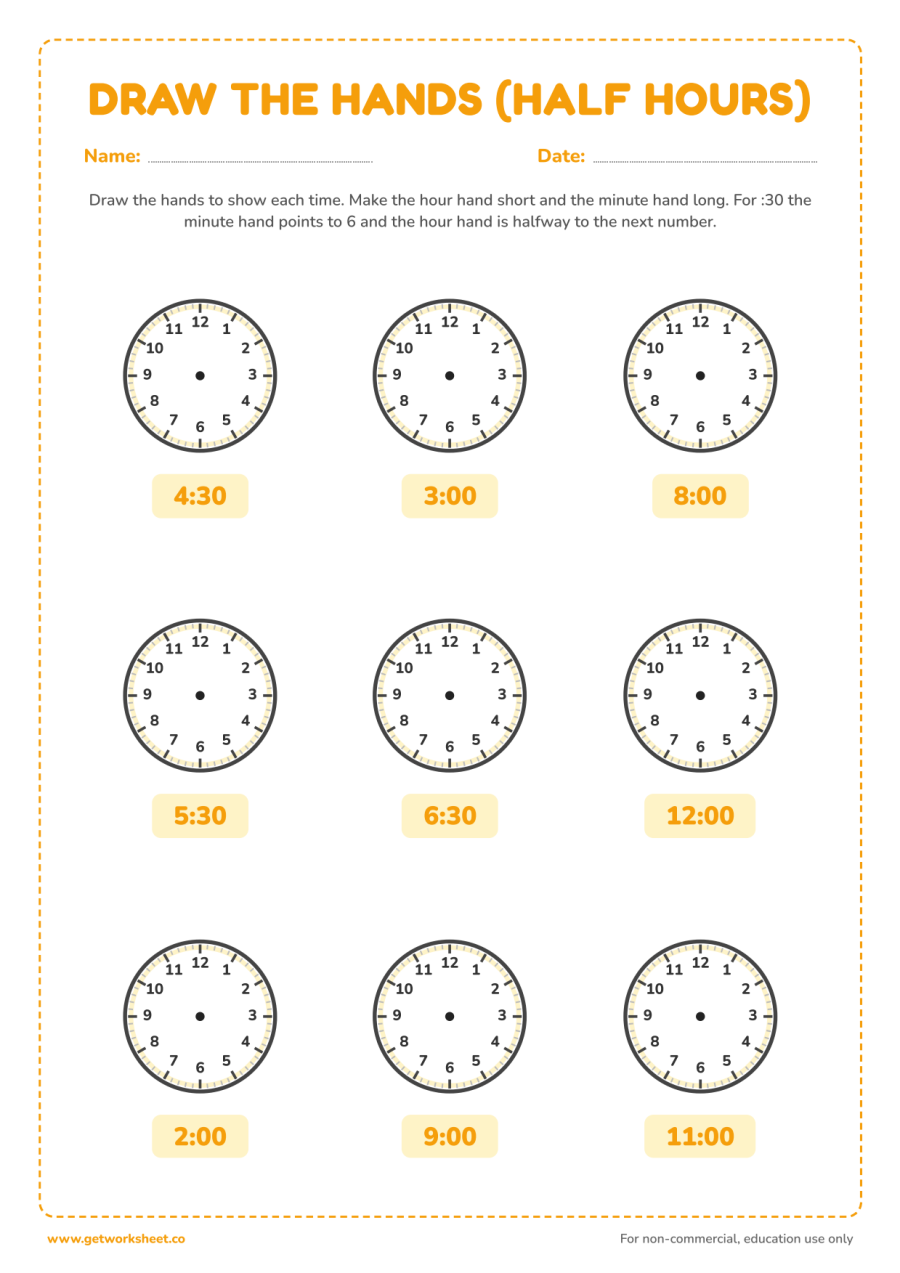 Draw the hands: half hours – free printable PDF worksheet, page 1 preview (4 free telling time worksheets)