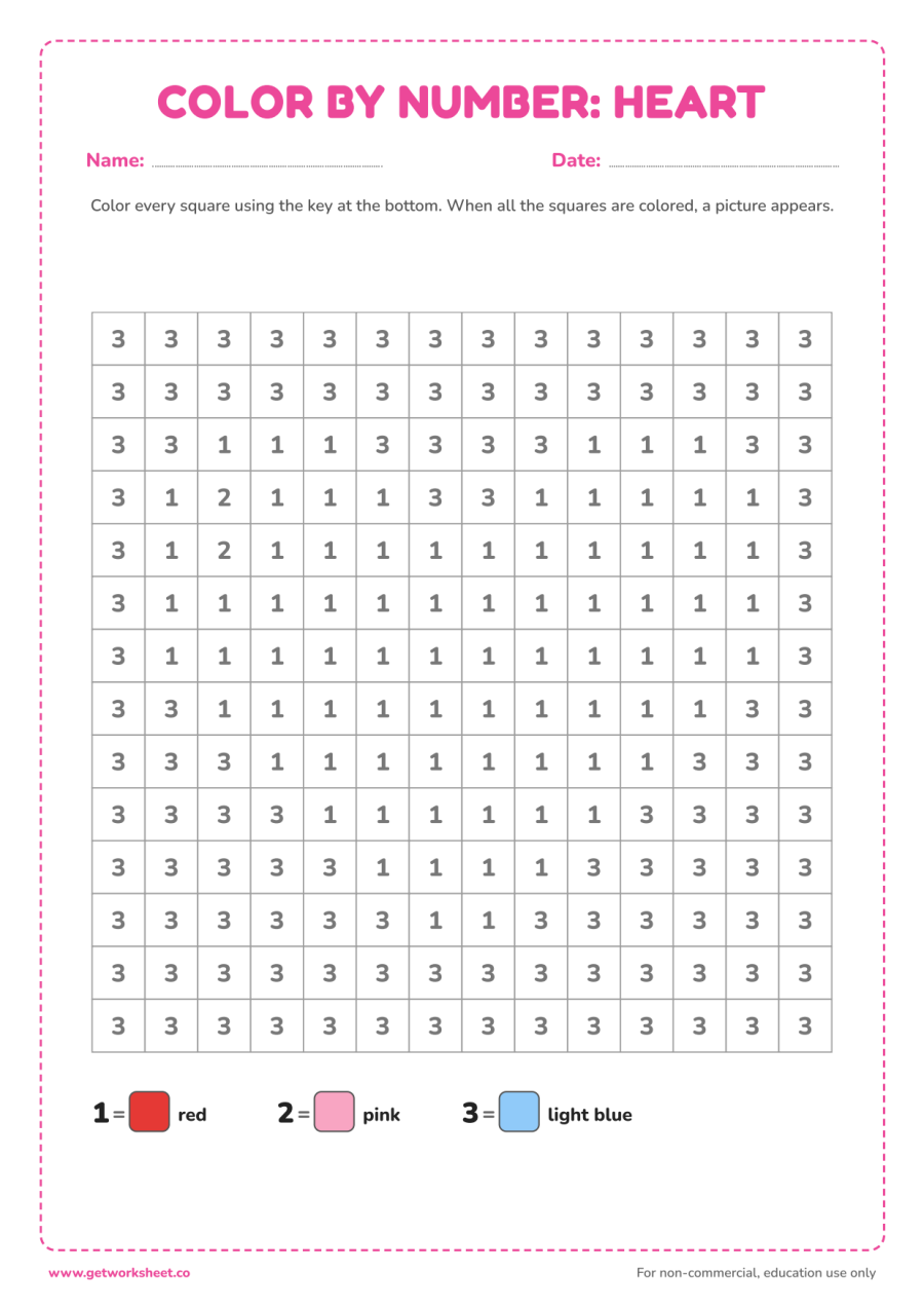 Color by number: heart – free printable PDF worksheet, page 1 preview (6 free color by number worksheets)