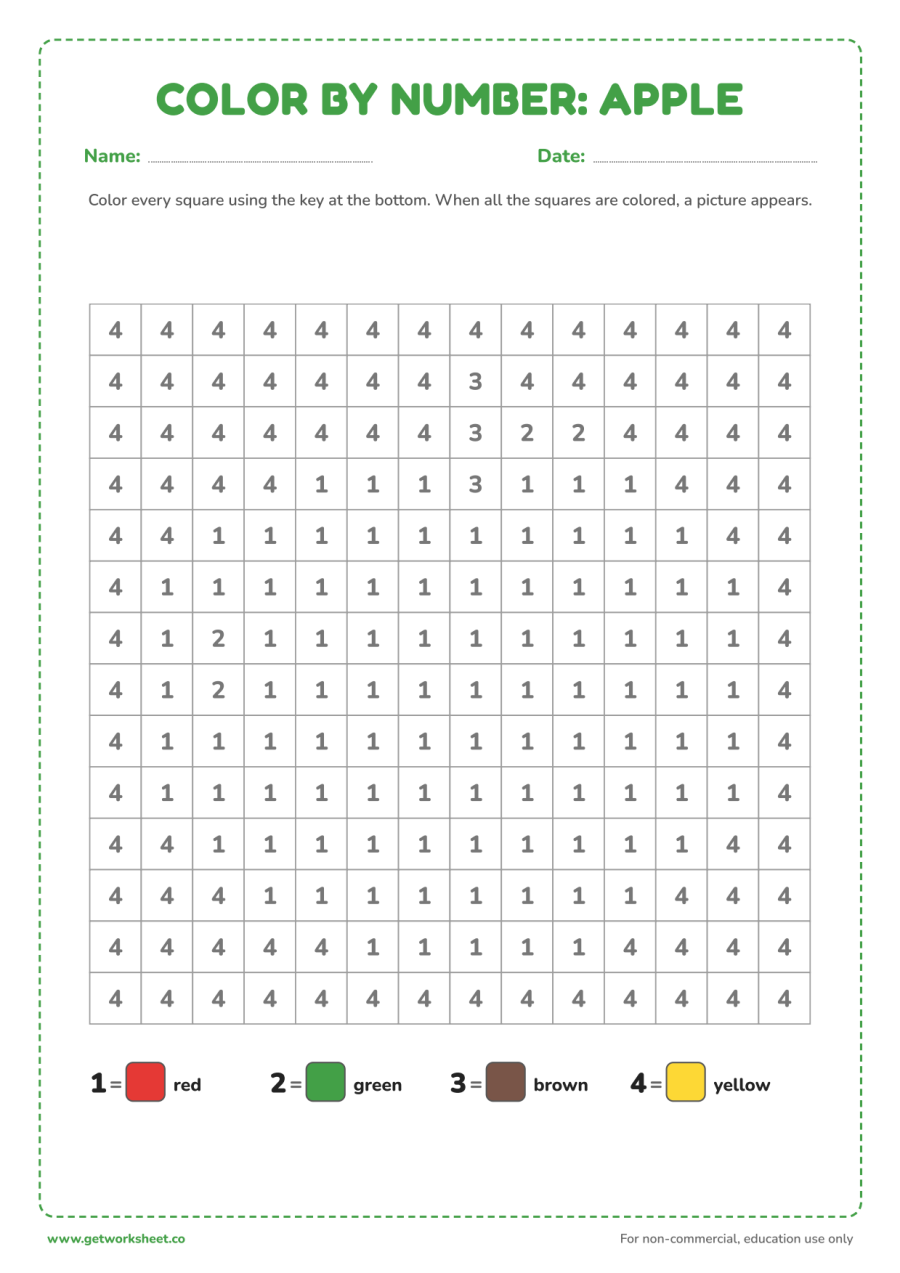 Color by number: apple – free printable PDF worksheet, page 1 preview (6 free color by number worksheets)