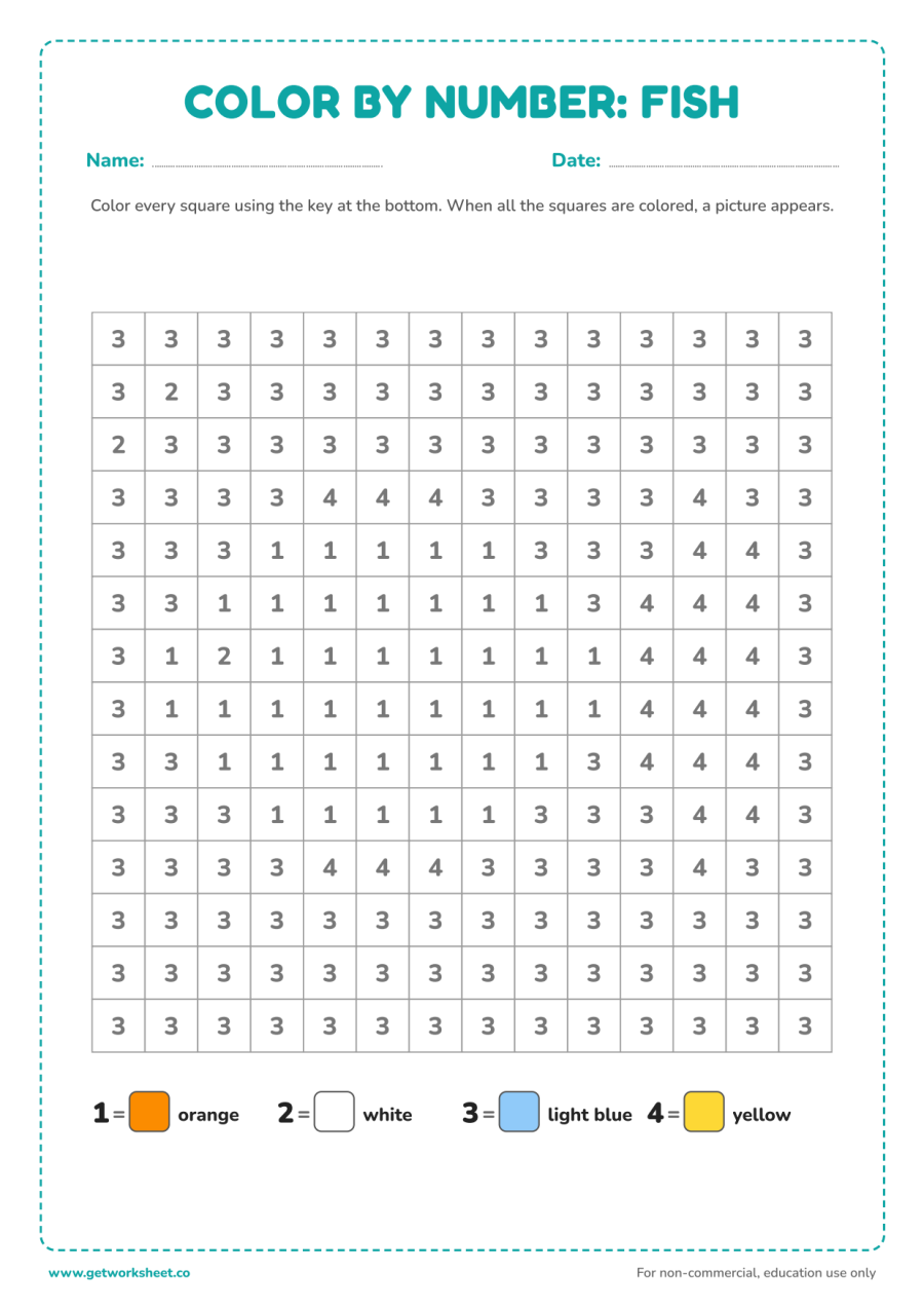 Color by number: fish – free printable PDF worksheet, page 1 preview (6 free color by number worksheets)