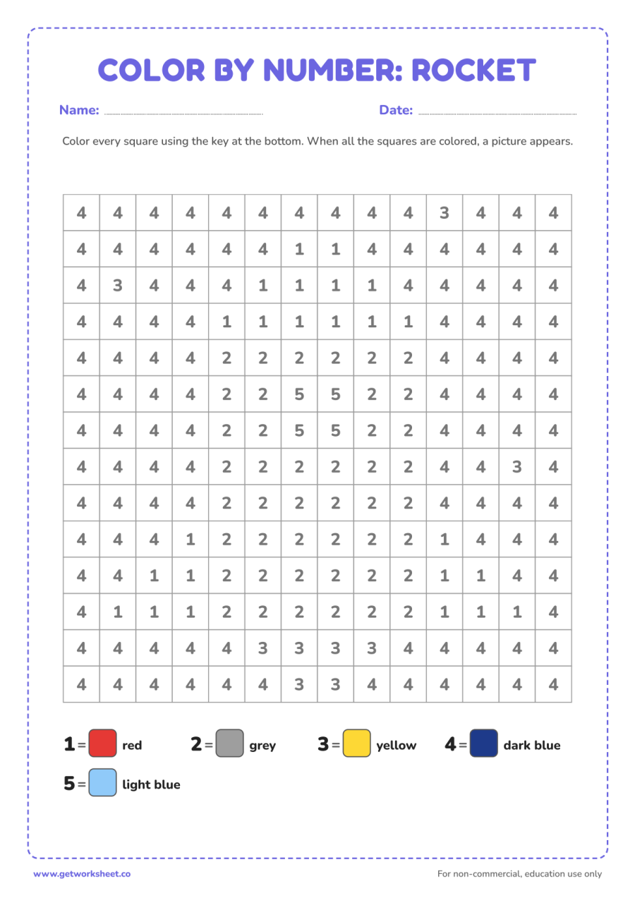 Color by number: rocket – free printable PDF worksheet, page 1 preview (6 free color by number worksheets)